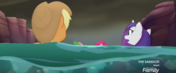 Size: 1920x800 | Tagged: safe, screencap, applejack, pinkie pie, rarity, spike, dragon, pony, g4, my little pony: the movie, discovery family logo, overcast, water, wet, wet mane, wet mane rarity