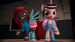Size: 1920x1080 | Tagged: safe, artist:razethebeast, oc, oc only, oc:curse word, oc:magpie, pegasus, pony, unicorn, 3d, boots, clothes, cute, equestria girls outfit, shoes, skirt, source filmmaker, wristband
