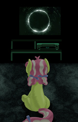 Size: 479x754 | Tagged: safe, artist:adenyne, kettle corn, earth pony, pony, g4, marks and recreation, female, rear view, sitting, solo, television, the ring, this will end in death