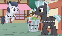 Size: 1280x739 | Tagged: safe, edit, screencap, rainbow dash, rumble, thunderlane, pegasus, pony, g4, marks and recreation, colt, male, op is a duck, op is trying to start shit, rainbow trash, your waifu is trash