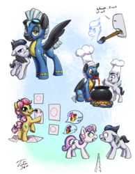 Size: 1920x2478 | Tagged: safe, artist:tsitra360, apple bloom, kettle corn, rumble, scootaloo, sweetie belle, thunderlane, earth pony, pegasus, pony, unicorn, g4, marks and recreation, angry, apple bloom the shipper, cauldron, chef's hat, clothes, colt, cooking, cutie mark crusaders, cutie ship crusaders, female, filly, hat, hug, male, now kiss, paintbrush, painting, ship:rumbelle, ship:rumbloo, shipper on deck, shipping, simple background, smiling, stallion, straight, uniform, winghug, wonderbolts uniform