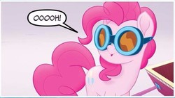 Size: 612x344 | Tagged: safe, pinkie pie, earth pony, pony, g4, my little pony: the movie, my little pony: the movie adaptation, comic, cropped, cute, dialogue, female, goggles, mare, solo