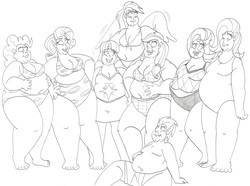 Size: 3400x2532 | Tagged: safe, artist:catstuxedo, applejack, fluttershy, pinkie pie, rainbow dash, rarity, spike, starlight glimmer, twilight sparkle, alicorn, human, g4, amplejack, applefat, bbw, belly button, bhm, bikini, clothes, double chin, fat, fat spike, fattershy, high res, horn, horned humanization, humanized, monochrome, obese, one-piece swimsuit, piggy pie, pudgy pie, raritubby, starlard glimmer, swimsuit, twilard sparkle, twilight sparkle (alicorn), winged humanization, wings