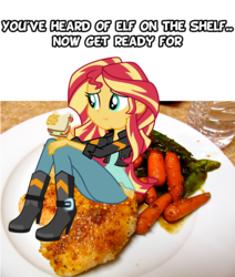 Size: 2651x3121 | Tagged: safe, edit, sunset shimmer, chicken, equestria girls, g4, carrot, chicken dinner, elf on the shelf, female, food, high res, image macro, meme, solo, sunset shimmer dressing up as food