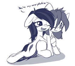 Size: 1007x892 | Tagged: dead source, safe, artist:an-m, oc, oc only, oc:reflect decrypt, oc:scribble, earth pony, pegasus, pony, blank flank, dialogue, floppy ears, hug, monochrome, one eye closed, open mouth, pony oc, surprised