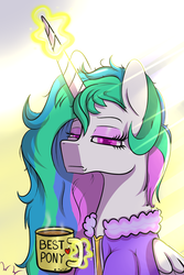 Size: 2000x3000 | Tagged: safe, artist:wilshirewolf, princess celestia, alicorn, pony, g4, best pony, clothes, coffee, female, high res, lidded eyes, magic, mare, messy mane, morning ponies, mug, robe, simple background, solo, tired
