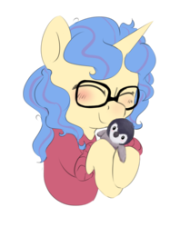 Size: 1585x1897 | Tagged: safe, artist:pucksterv, oc, oc only, oc:eleos, bird, penguin, pony, unicorn, bust, clothes, eyes closed, female, glasses, hug, mare, plushie, portrait, simple background, solo, sweater, transparent background