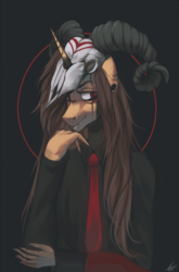 Size: 2193x3327 | Tagged: safe, artist:orfartina, oc, oc only, oc:orfartina, unicorn, anthro, anthro oc, clothes, fangs, female, high res, mare, red eyes, skull, slit pupils, smiling