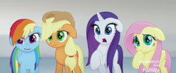Size: 1920x800 | Tagged: safe, screencap, applejack, fluttershy, rainbow dash, rarity, earth pony, pegasus, pony, unicorn, g4, my little pony: the movie, angry, discovery family logo, floppy ears, horn, looking at you, reaction image, sad, shocked, shocked expression, upset, wet, wet mane, wet mane applejack, wet mane rainbow dash, wet mane rarity