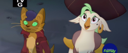 Size: 1920x800 | Tagged: safe, screencap, capper dapperpaws, captain celaeno, abyssinian, bird, cat, parrot, anthro, g4, my little pony: the movie, chest fluff, clothes, coat, discovery family logo, ear piercing, earring, jewelry, piercing, tv-g