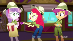 Size: 1280x720 | Tagged: safe, screencap, apple bloom, scootaloo, sweetie belle, eqg summertime shorts, equestria girls, g4, the canterlot movie club, belt, bucket, cinema, clothes, crossed arms, cutie mark crusaders, female, food, group, hat, open mouth, popcorn, shorts, skirt, theater, ticket, trio