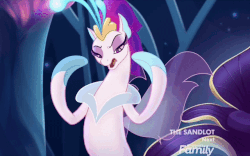 Size: 640x400 | Tagged: safe, screencap, queen novo, seapony (g4), g4, my little pony: the movie, animated, bubble, coral, cropped, crown, discovery family logo, don't mind me, dorsal fin, eyebrows, eyelashes, eyes closed, eyeshadow, female, fin, fin wings, fins, flowing mane, gif, jewelry, logo, makeup, ocean, open mouth, peytral, queen, regalia, scales, seaquestria, solo, swimming, talking, teeth, throne, throne room, underwater, water, wings