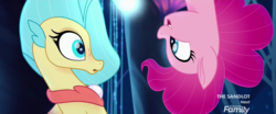 Size: 1920x800 | Tagged: safe, screencap, pinkie pie, princess skystar, earth pony, seapony (g4), g4, my little pony: the movie, blue mane, bubble, bust, discovery family logo, duo, eyelashes, female, fin wings, fins, fish tail, flowing mane, freckles, glowing, happy, jewelry, looking at each other, looking at someone, mare, necklace, ocean, open mouth, pearl necklace, pink mane, portrait, scales, seaponified, seapony pinkie pie, seaquestria, seashell necklace, smiling, smiling at each other, species swap, swimming, tail, teeth, underwater, water, wings