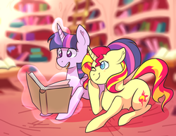 Size: 3948x3042 | Tagged: safe, artist:hyperion-jack, sunset shimmer, twilight sparkle, alicorn, pony, unicorn, g4, book, curved horn, female, golden oaks library, high res, horn, lesbian, library, magic, one eye closed, open mouth, prone, ship:sunsetsparkle, shipping, smiling, telekinesis, twilight sparkle (alicorn)