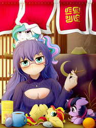 Size: 1350x1800 | Tagged: safe, artist:symbianl, princess celestia, princess luna, sunset shimmer, twilight sparkle, alicorn, human, pony, unicorn, g4, boob window, breasts, chibi, cleavage, clothes, cute, female, food, glasses, humanized, mare, open-chest sweater, royal sisters, shimmerbetes, sweater, twilight sparkle (alicorn), weapons-grade cute
