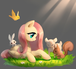 Size: 1200x1098 | Tagged: safe, artist:r1629, angel bunny, fluttershy, bird, canary, chipmunk, deer, fawn, lamb, pegasus, pony, rabbit, sheep, squirrel, g4, cute, female, flower, folded wings, grass, gray background, male, mare, profile, prone, shyabetes, simple background, solo, sunlight, wings