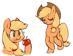 Size: 900x690 | Tagged: safe, artist:r1629, applejack, earth pony, pony, g4, apple, cowboy hat, crossed hooves, cute, eating, eyes closed, female, food, hat, hatless, hoof hold, jackabetes, mare, missing accessory, simple background, solo, white background
