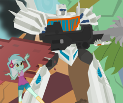 Size: 1024x858 | Tagged: safe, artist:mlp-trailgrazer, lyra heartstrings, equestria girls, g4, autobot, crossover, super strength, topspin (transformers), transformers, weapon
