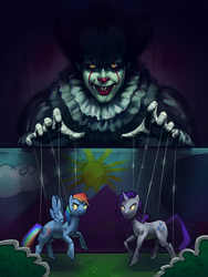 Size: 1500x2000 | Tagged: safe, artist:andromedadualitas, rainbow dash, rarity, g4, crossover, fanart mashup challenge, glowing eyes, it, no more ponies at source, pennywise, puppet, puppet theater, stephen king