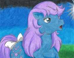 Size: 762x590 | Tagged: safe, artist:rurounigemini83, blue belle, earth pony, pony, g1, bow, female, looking at something, mare, open mouth, tail bow, traditional art