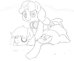 Size: 1800x1500 | Tagged: safe, artist:dudey64, oc, oc only, oc:box-filly, oc:sweetwater, female, filly, goggles, mud, sketch