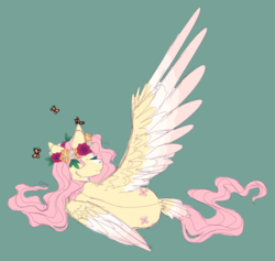Size: 2687x2549 | Tagged: safe, artist:pndrws, fluttershy, butterfly, pegasus, pony, g4, both cutie marks, cheek fluff, colored sketch, colored wings, colored wingtips, eyes closed, female, floral head wreath, flower, green background, high res, mare, on side, one wing out, rear view, simple background, smiling, solo, spread wings, tail feathers, turned head, wings