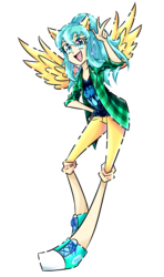Size: 950x1600 | Tagged: safe, artist:y-firestar, sunshower raindrops, human, g4, converse, eared humanization, female, flannel, humanized, looking at you, ponytail, shoes, simple background, smiling, sneakers, solo, transparent background, winged humanization, wings