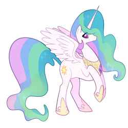 Size: 2000x2000 | Tagged: safe, artist:nine-doodles, princess celestia, alicorn, pony, g4, eye clipping through hair, female, high res, jewelry, looking at you, mare, profile, rearing, regalia, simple background, smiling, smiling at you, solo, spread wings, white background, wings