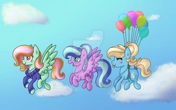 Size: 900x563 | Tagged: safe, artist:huskywo1f, oc, oc only, earth pony, pegasus, pony, balloon, clothes, cloud, female, flying, mare, sweater, tongue out, watermark