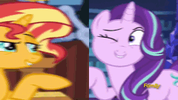 Size: 960x540 | Tagged: safe, edit, screencap, starlight glimmer, sunset shimmer, pony, unicorn, equestria girls, equestria girls specials, g4, my little pony equestria girls: mirror magic, animated, book, cropped, cute, discovery family logo, female, floppy ears, gif, library, one eye closed, pointing, portal, raised eyebrow, raised hoof, saddle bag, smiling, smirk, thinking, twilight's castle, wink