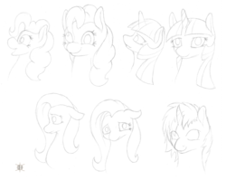 Size: 2004x1596 | Tagged: safe, artist:parallel black, derpibooru exclusive, dj pon-3, fluttershy, pinkie pie, twilight sparkle, vinyl scratch, g4, bust, monochrome, portrait, profile, sketch, traditional art