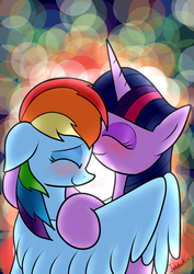 Size: 2480x3507 | Tagged: safe, artist:twidasher, rainbow dash, twilight sparkle, pegasus, pony, g4, blushing, duo, female, high res, hug, lesbian, ship:twidash, shipping, winghug