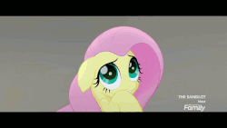 Size: 960x540 | Tagged: safe, edit, screencap, fluttershy, pegasus, pony, g4, my little pony: the movie, the making of my little pony: the movie, animated, caption, cute, discovery family logo, eye shimmer, female, gif, head tilt, hnnng, looking up, shyabetes, storm guard, text, weapons-grade cute, you seem tense