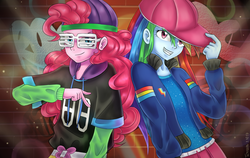 Size: 2060x1300 | Tagged: safe, artist:tcn1205, pinkie pie, rainbow dash, human, equestria girls, equestria girls specials, g4, my little pony equestria girls: dance magic, backwards ballcap, baseball cap, cap, clothes, duo, duo female, female, hat, hip hop, mc pinkie, outfit, pants, pony coloring, rapper dash, rapper pie, shutter shades, sunglasses