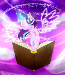 Size: 1024x1188 | Tagged: safe, artist:theartistsora, starlight glimmer, pony, unicorn, g4, artificial wings, augmented, book, female, flying, glowing eyes, glowing horn, horn, magic, magic wings, night, sky, solo, stars, white eyes, wings