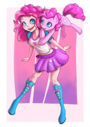 Size: 763x1080 | Tagged: safe, artist:the-park, pinkie pie, human, pony, equestria girls, g4, belly button, clothes, duo, female, human coloration, human ponidox, midriff, self ponidox, simple background, skirt