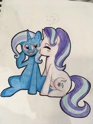 Size: 960x1280 | Tagged: safe, artist:leslers, starlight glimmer, trixie, pony, unicorn, g4, duo, female, lesbian, ship:startrix, shipping, traditional art