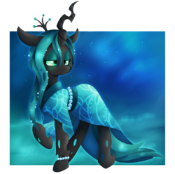 Size: 1210x1200 | Tagged: safe, artist:blazemizu, queen chrysalis, changeling, changeling queen, g4, beautiful, clothes, crown, female, jewelry, kimono (clothing), lidded eyes, raised hoof, regalia, simple background, solo, transparent background