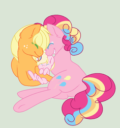 Size: 736x780 | Tagged: safe, artist:roseloverofpastels, applejack, pinkie pie, oc, oc:ginger rock, g4, female, filly, lesbian, magical lesbian spawn, offspring, parent:applejack, parent:pinkie pie, parents:applepie, prone, rainbow power, ship:applepie, shipping