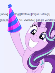 Size: 270x360 | Tagged: safe, starlight glimmer, pony, unicorn, g4, /mlp/, 4chan, 4chan party hat, 4chan screencap, anniversary, cute, excited, female, glimmerbetes, hat, meme, party hat, solo