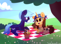 Size: 1280x924 | Tagged: safe, artist:riouku, oc, oc only, pegasus, pony, unicorn, commission, date, female, food, male, muffin, picnic, smiling, straight