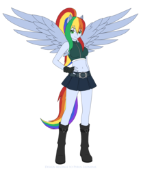 Size: 2444x2966 | Tagged: safe, artist:pyrus-leonidas, oc, oc only, oc:prism bolt, human, belly button, boots, clothes, cute, eared humanization, female, fingerless gloves, gloves, high res, humanized, legs, midriff, miniskirt, offspring, parent:rainbow dash, parent:soarin', parents:soarindash, ponied up, pony coloring, shoes, short shirt, simple background, skirt, smiling, solo, tailed humanization, transparent background, winged humanization