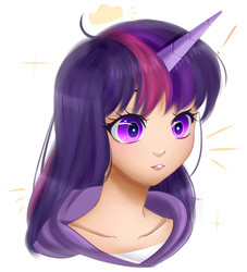Size: 779x857 | Tagged: safe, artist:clefficia, twilight sparkle, human, g4, bust, clothes, female, horn, horned humanization, humanized, portrait, simple background, solo, white background