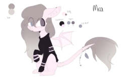 Size: 1024x634 | Tagged: safe, artist:hyshyy, oc, oc only, oc:mica, bat pony, pony, bat pony oc, clothes, female, leonine tail, mare, reference sheet, simple background, sitting, solo, sweater, transparent background