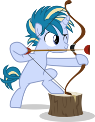 Size: 1408x1798 | Tagged: safe, artist:frownfactory, skeedaddle, pony, unicorn, g4, marks and recreation, .svg available, anime hair, arrow, bipedal, bow (weapon), bow and arrow, colt, horn, male, multicolored hair, multicolored mane, multicolored tail, one eye closed, simple background, solo, suction cup, svg, transparent background, tree stump, vector, weapon