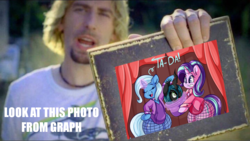 Size: 1200x677 | Tagged: safe, artist:graphene, derpibooru exclusive, queen chrysalis, starlight glimmer, trixie, g4, exploitable meme, hat, irl, look at this photograph, magic, meme, nickelback, photo, text, thunder thighs