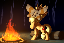 Size: 2340x1592 | Tagged: safe, artist:otakuap, applejack, oc, oc:fluffy the bringer of darkness, earth pony, giant moth, insect, moth, pony, g4, animal, applejack's hat, bonfire, campfire, covering, cowboy hat, facemoth, female, fire, giant insect, hat, log, mare, raised hoof, rearing, remake