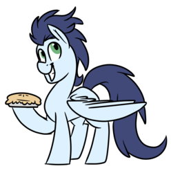Size: 1024x1034 | Tagged: safe, artist:jen-neigh, soarin', pegasus, pony, g4, food, looking at you, male, pie, simple background, soarinbetes, solo, stallion, that pony sure does love pies, transparent background