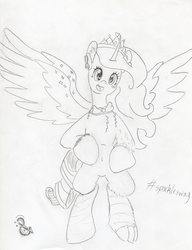 Size: 3022x3926 | Tagged: safe, artist:andandampersand, oc, oc only, oc:queen dj booty princess, alicorn, butterfly, pony, alicorn oc, bowtie, chest fluff, crown, female, headphones, heart, high res, jewelry, joke oc, mary sue, monochrome, regalia, rolex watch, solo, wingding eyes