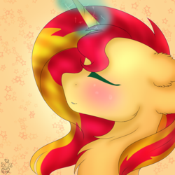 Size: 3000x3000 | Tagged: safe, artist:emerald-bliss, sunset shimmer, pony, unicorn, g4, blushing, bust, eyes closed, female, high res, magic, portrait, solo